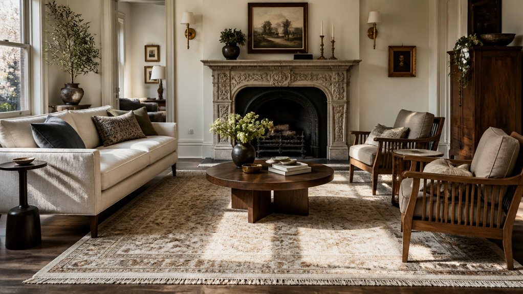 anchor rug to fireplace